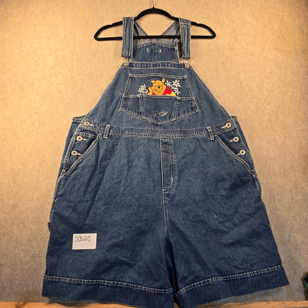 Vintage Disney Winnie the Pooh Denim Shortalls Overalls Womens 22W Blue